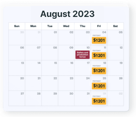 Calendar showing $1201 payday every friday.
