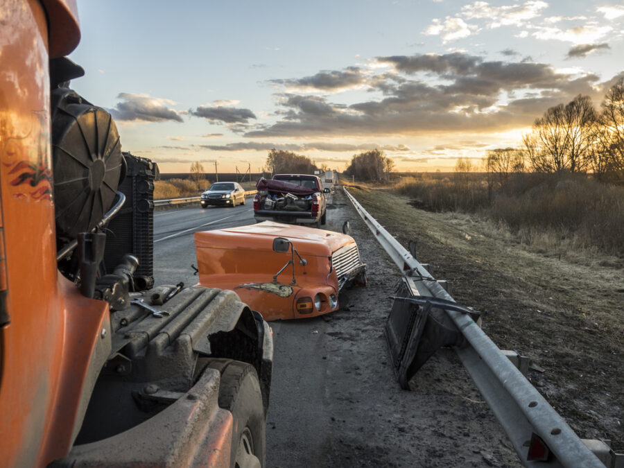 Orange truck in a wreck