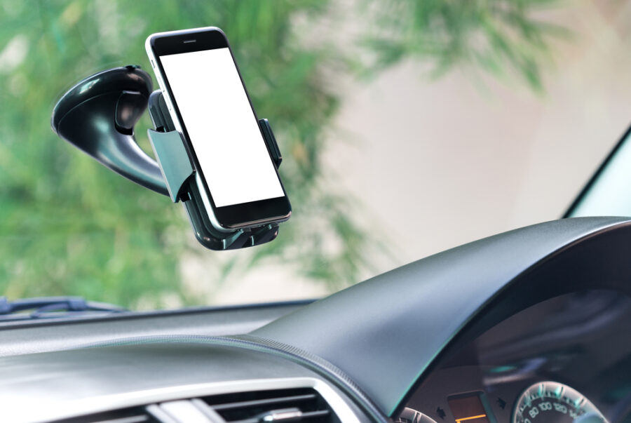 Phone mounted to car windshield