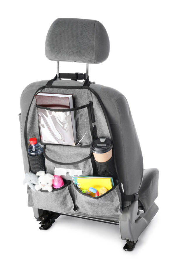 Seat organizer attached to the back of a car seat