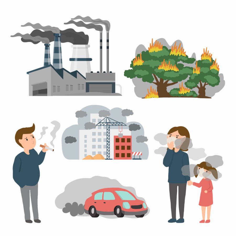 Air pollution in town source. example toxic from factory , Forest fires and people in the city. PM 2.5 dust health danger, dirty environment, industrial outdoor fog. vector illustration