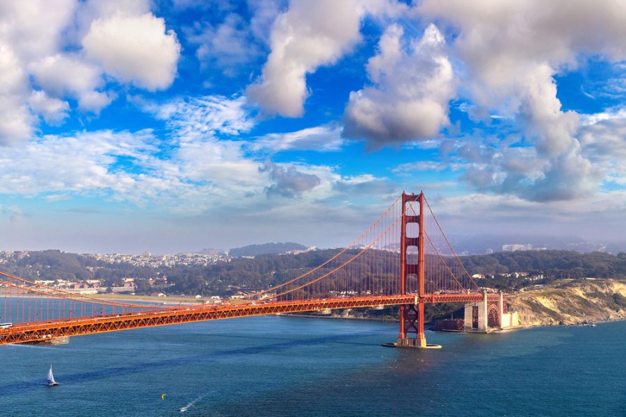 Panoramic view of Golden Gate Bridge in San Francisco, California, USA