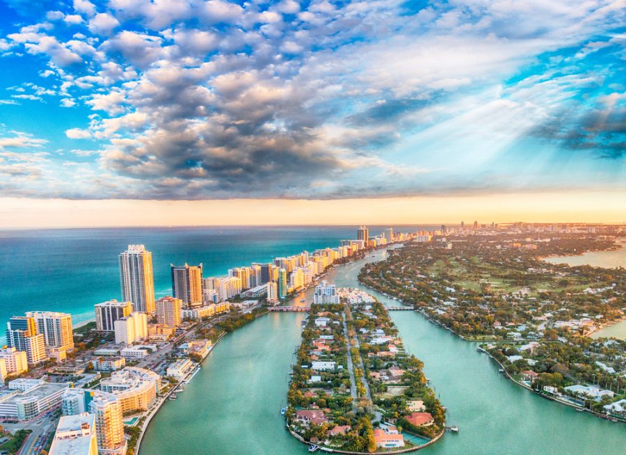 Aerial view of Miami Beach at sunset.