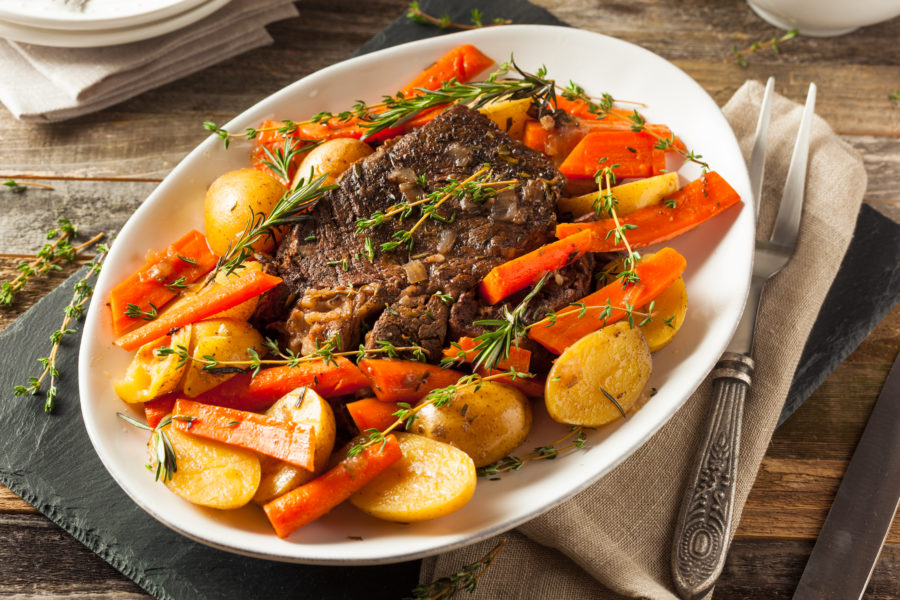 Plate with roast meat and vegetables