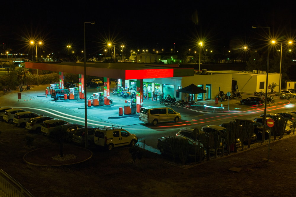 truck stop lit up at night