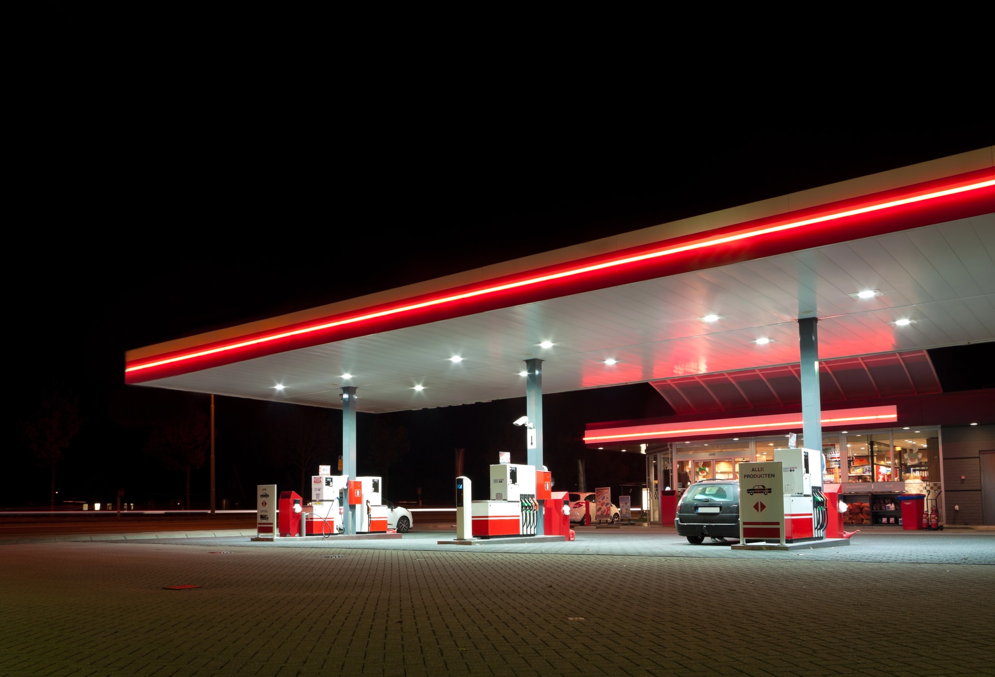 gas station with red LED lights