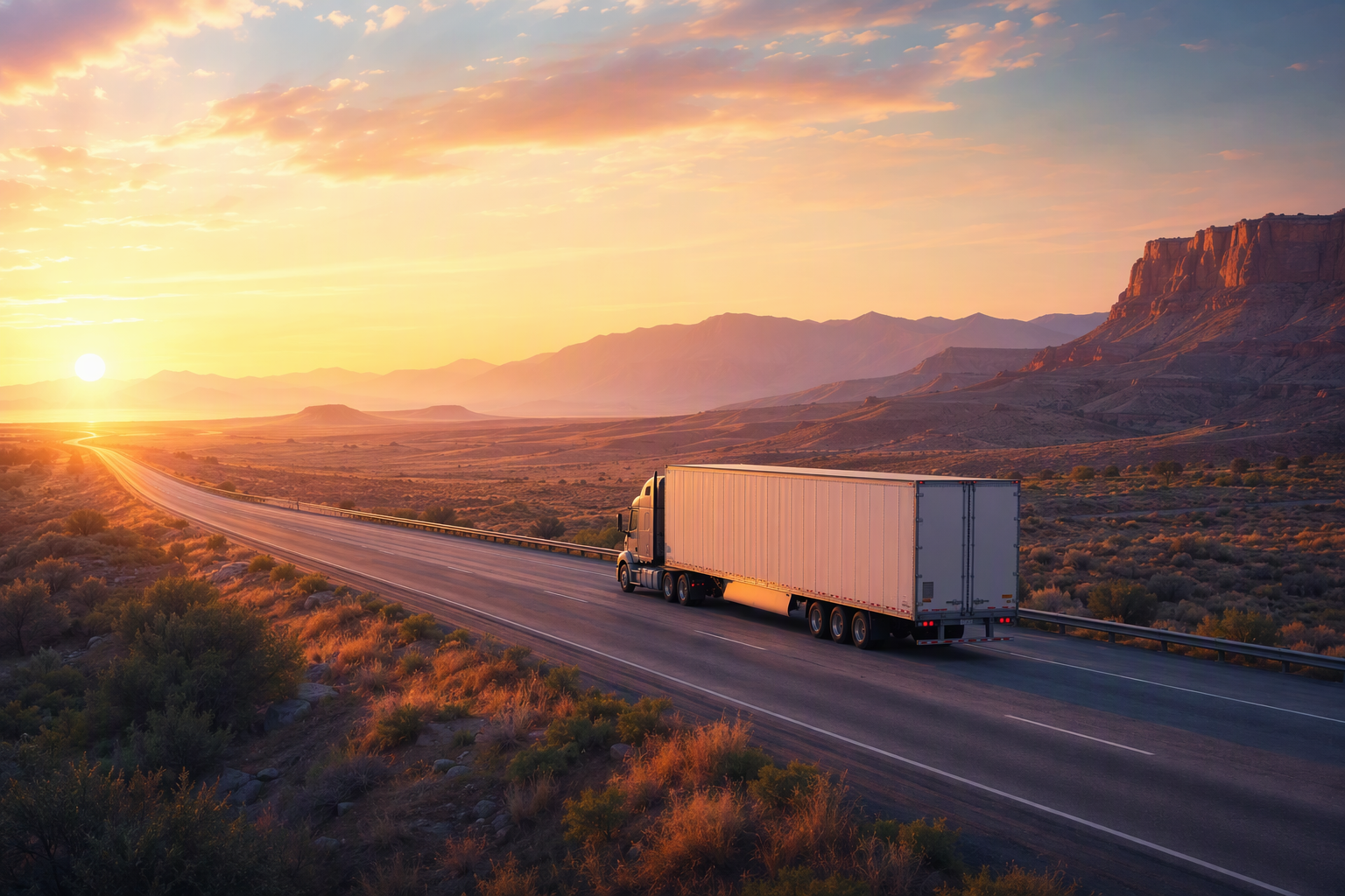 Empty tractor-trailer at sunrise